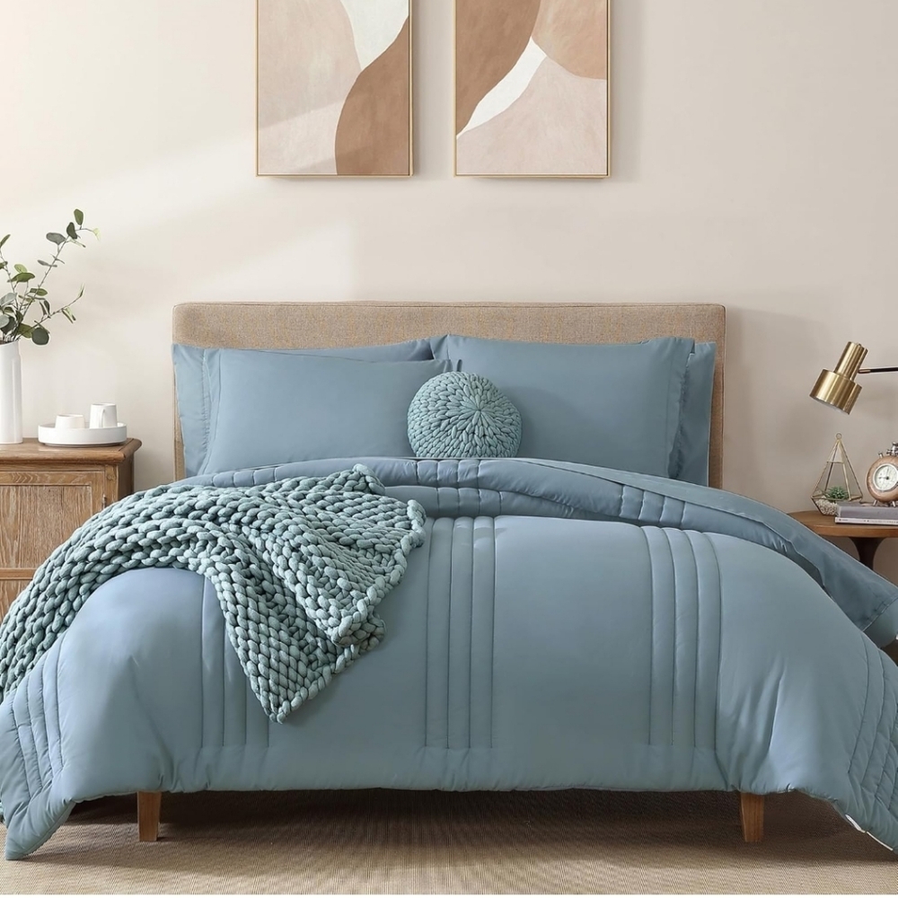 Monbix King Size Comforter Set - 7 Pieces Bed in a Bag, All Season- Dusty Blue